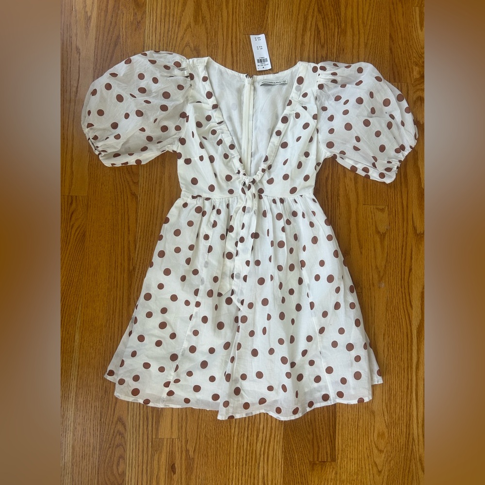 Abercrombie & Fitch White Mini Dress with Puff Sleeves and Plunge Neckline